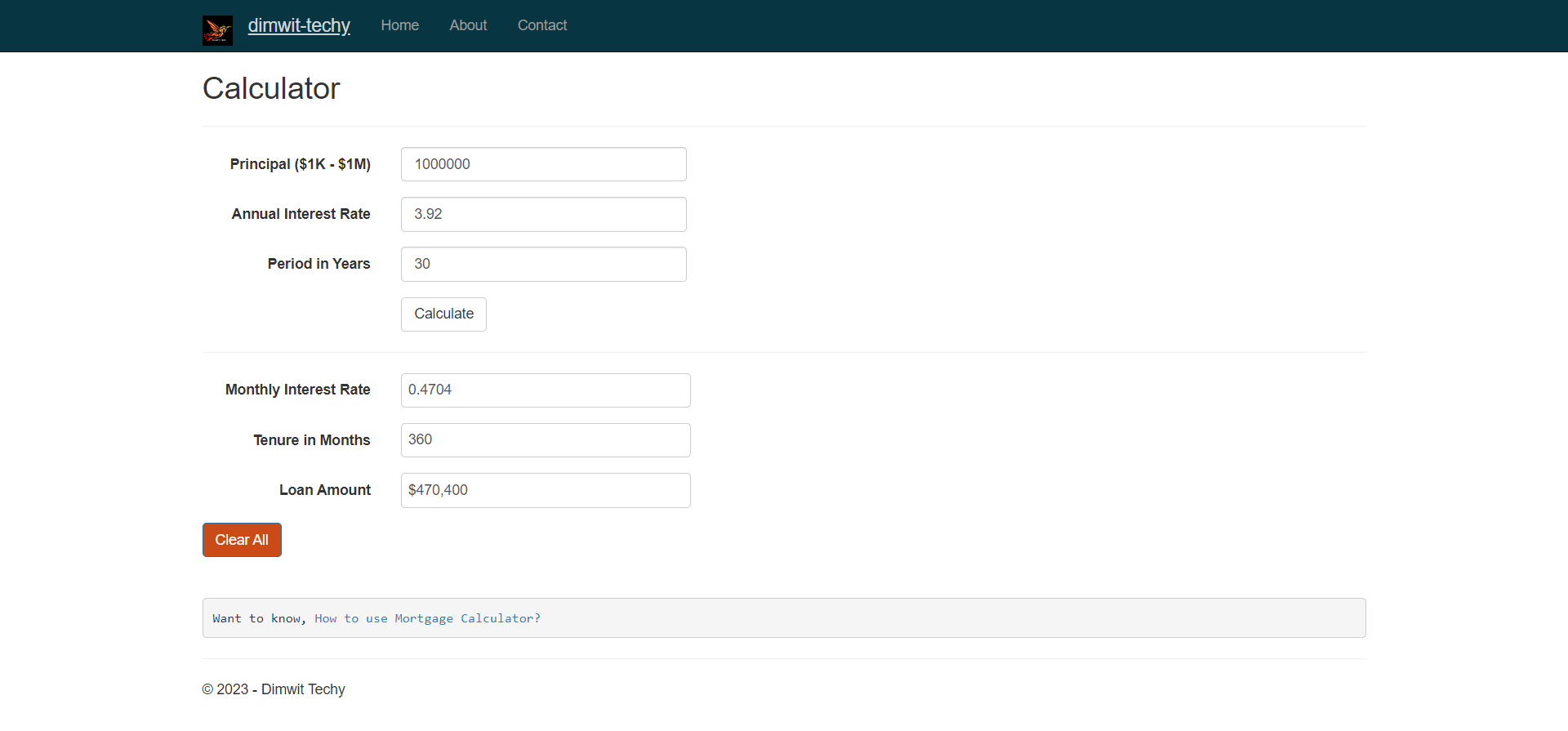 screenshot of mortgage calculator website